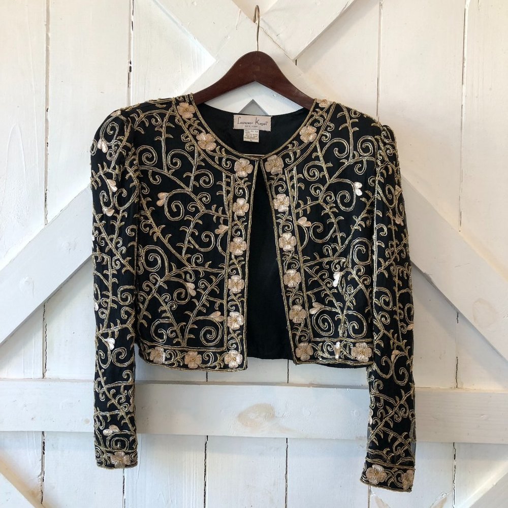 Laurence Kazar Black and Gold Floral Beaded Brocade Jacket